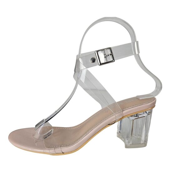 Womens Size 6 Clear Ankle Strap Block Nude Heel Strappy Sandals Shoes Stylish - Picture 2 of 11